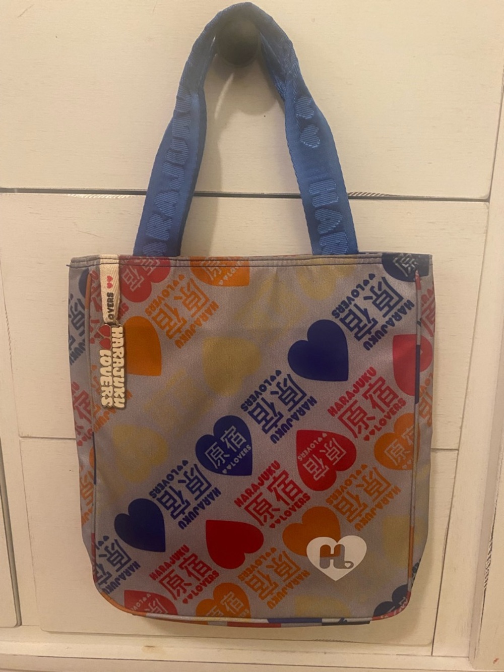 Harajuku Lovers Y2K Rainbow Hearts on a Silver Background Small Tote